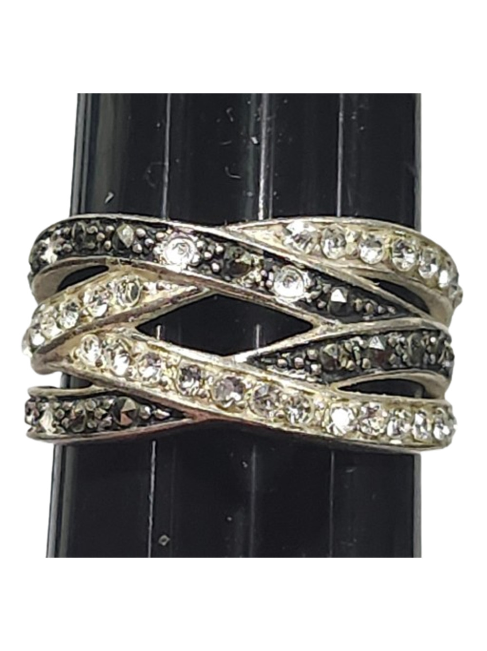 Vtg 925 Sterling Silver Marcasite Crystal  Criss Cross Crossover Ring Size 6.5